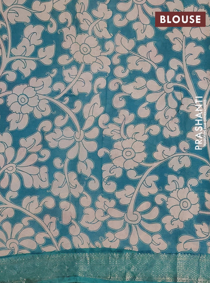 Kalamkari semi silk saree yellow and teal green with allover prints and mangalgiri border