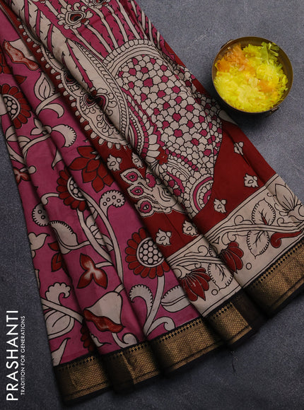 Kalamkari semi silk saree mauve pink and black with allover prints and mangalgiri border