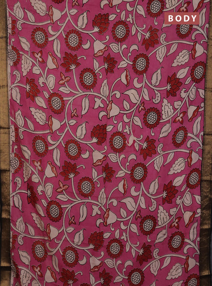 Kalamkari semi silk saree mauve pink and black with allover prints and mangalgiri border