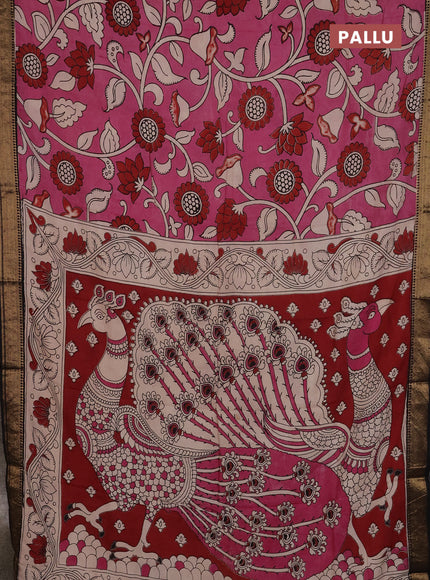 Kalamkari semi silk saree mauve pink and black with allover prints and mangalgiri border
