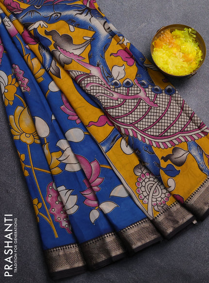 Kalamkari semi silk saree peacock blue and black with allover prints and mangalgiri border
