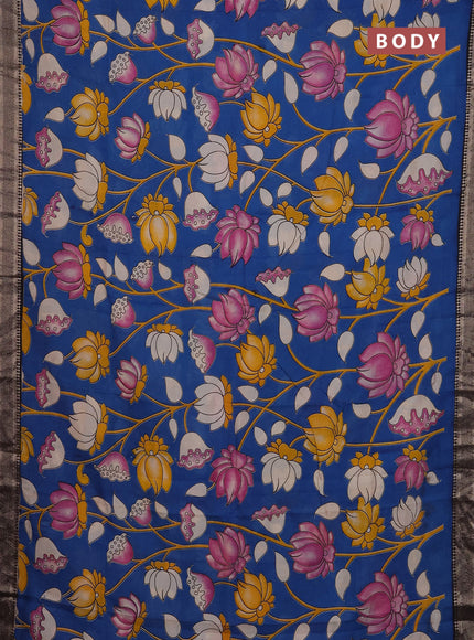 Kalamkari semi silk saree peacock blue and black with allover prints and mangalgiri border