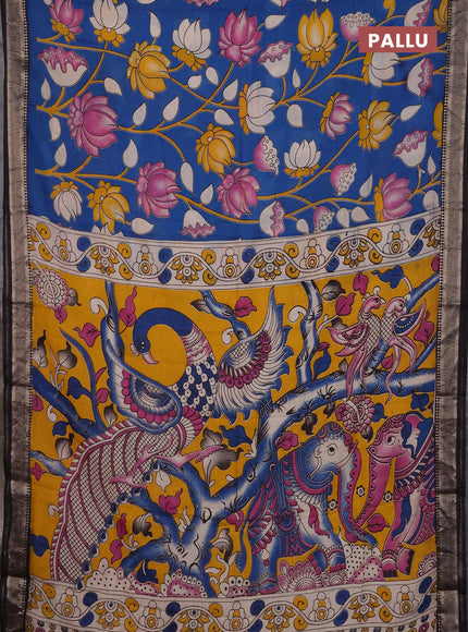 Kalamkari semi silk saree peacock blue and black with allover prints and mangalgiri border