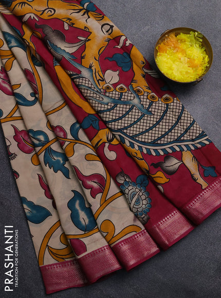 Kalamkari semi silk saree beige and magenta pink with allover prints and mangalgiri border