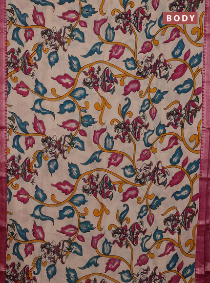 Kalamkari semi silk saree beige and magenta pink with allover prints and mangalgiri border
