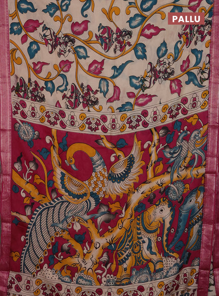 Kalamkari semi silk saree beige and magenta pink with allover prints and mangalgiri border