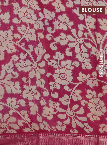 Kalamkari semi silk saree beige and magenta pink with allover prints and mangalgiri border