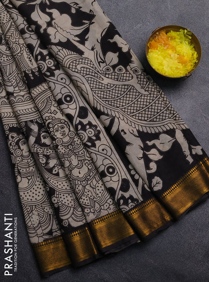 Kalamkari semi silk saree black and jamun shade with allover prints and mangalgiri border