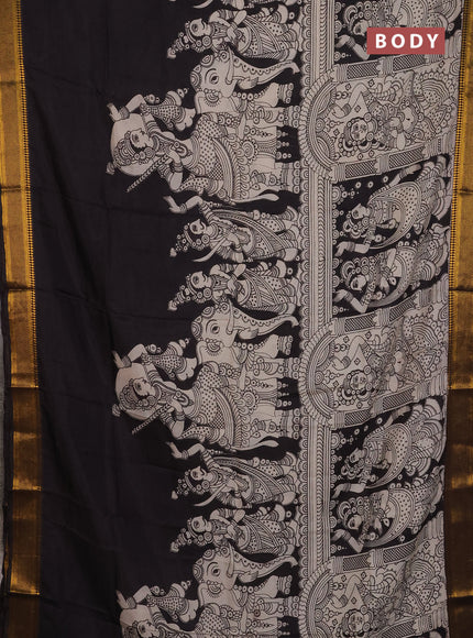Kalamkari semi silk saree black and jamun shade with allover prints and mangalgiri border