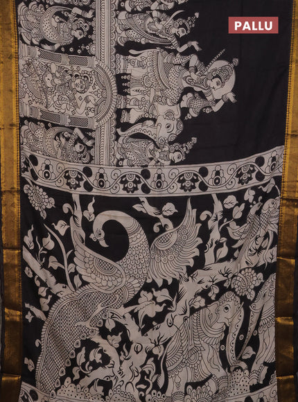 Kalamkari semi silk saree black and jamun shade with allover prints and mangalgiri border