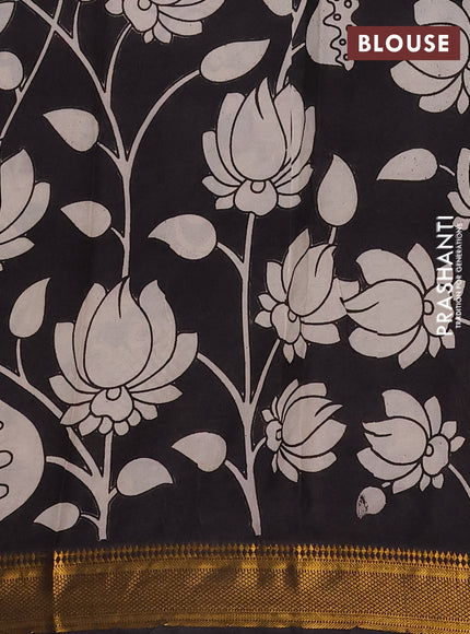 Kalamkari semi silk saree black and jamun shade with allover prints and mangalgiri border