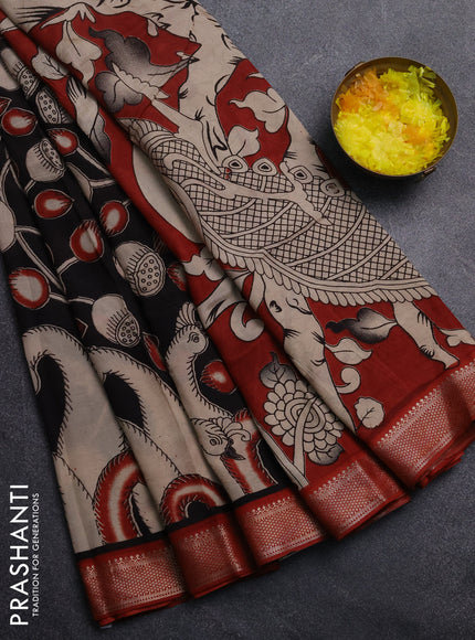 Kalamkari semi silk saree black and rust shade with allover prints and mangalgiri border