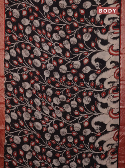 Kalamkari semi silk saree black and rust shade with allover prints and mangalgiri border