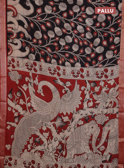 Kalamkari semi silk saree black and rust shade with allover prints and mangalgiri border