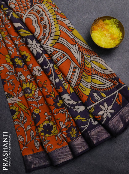 Kalamkari semi silk saree orange and deep violet with allover prints and mangalgiri border