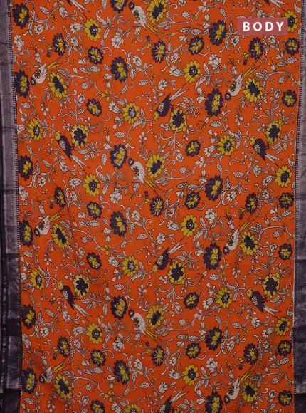 Kalamkari semi silk saree orange and deep violet with allover prints and mangalgiri border