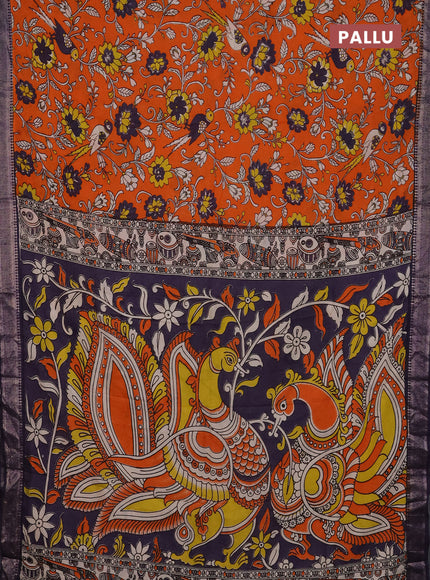Kalamkari semi silk saree orange and deep violet with allover prints and mangalgiri border