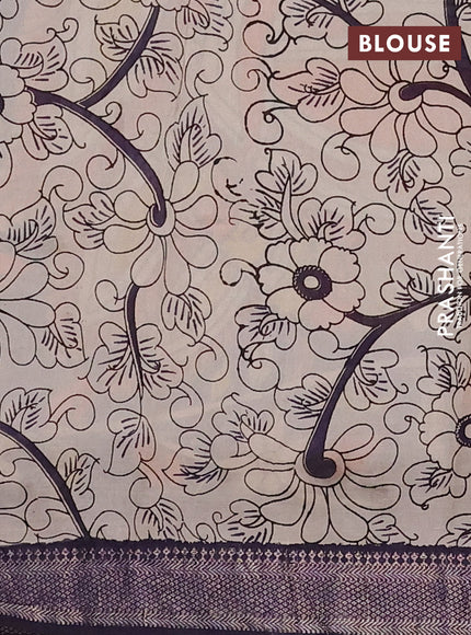 Kalamkari semi silk saree orange and deep violet with allover prints and mangalgiri border