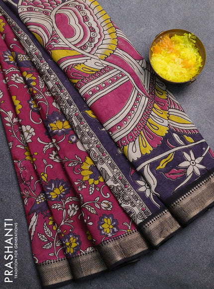Kalamkari semi silk saree magenta pink and black with allover prints and mangalgiri border