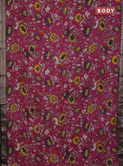 Kalamkari semi silk saree magenta pink and black with allover prints and mangalgiri border