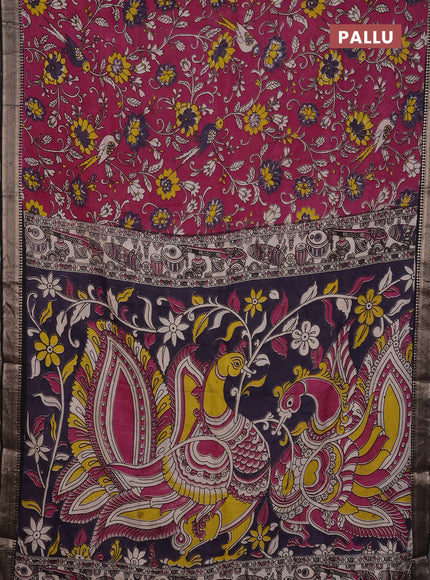 Kalamkari semi silk saree magenta pink and black with allover prints and mangalgiri border