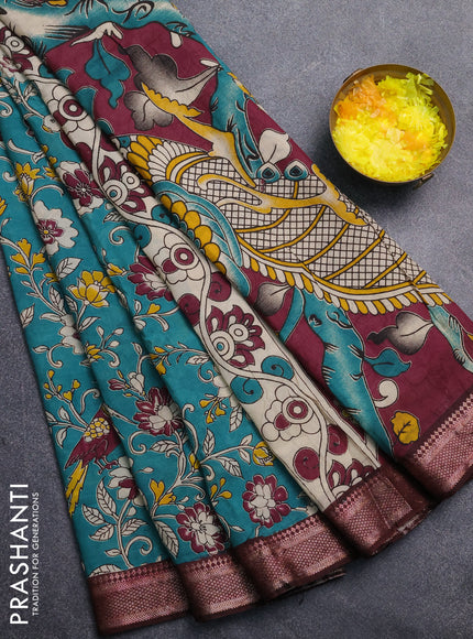 Kalamkari semi silk saree teal green and wine shade with allover prints and mangalgiri border