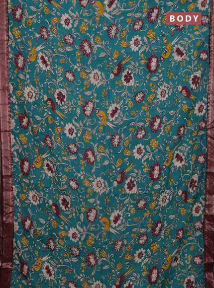 Kalamkari semi silk saree teal green and wine shade with allover prints and mangalgiri border