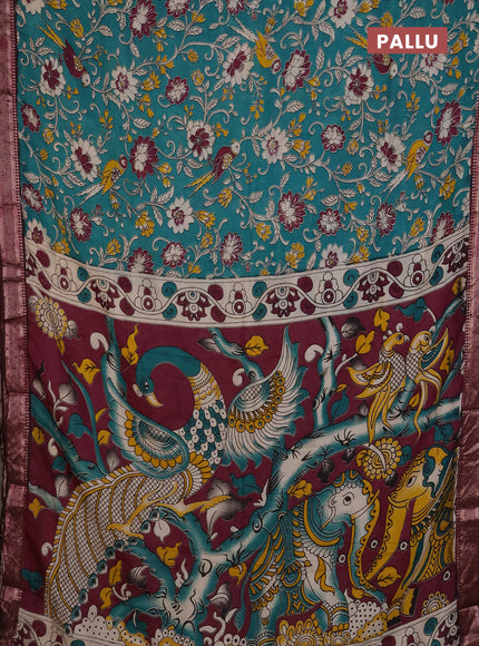 Kalamkari semi silk saree teal green and wine shade with allover prints and mangalgiri border
