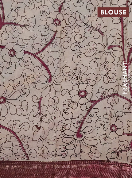Kalamkari semi silk saree teal green and wine shade with allover prints and mangalgiri border