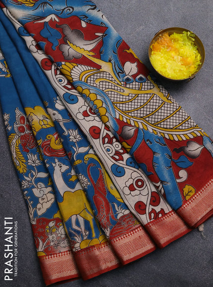 Kalamkari semi silk saree peacock blue and maroon with allover prints and mangalgiri border