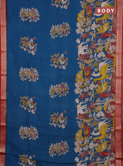 Kalamkari semi silk saree peacock blue and maroon with allover prints and mangalgiri border