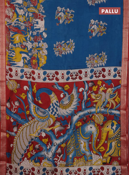 Kalamkari semi silk saree peacock blue and maroon with allover prints and mangalgiri border