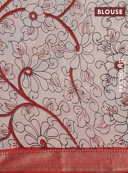 Kalamkari semi silk saree peacock blue and maroon with allover prints and mangalgiri border