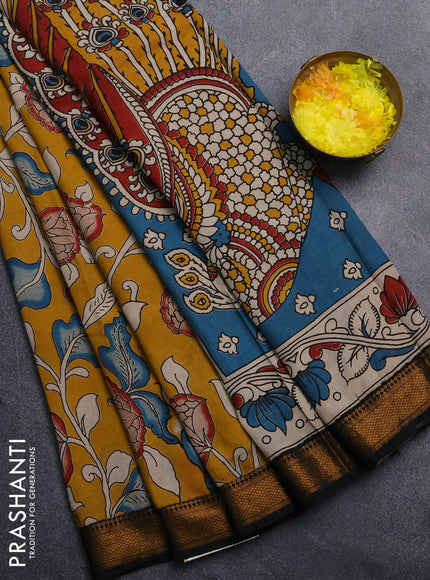 Kalamkari semi silk saree mustard yellow and black with allover prints and mangalgiri border