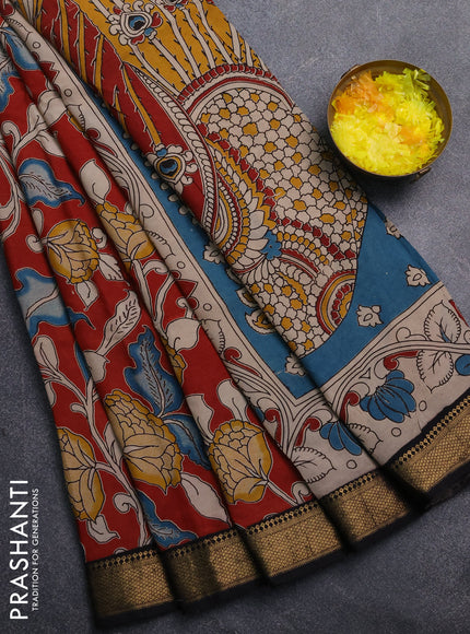 Kalamkari semi silk saree maroon and black with allover prints and mangalgiri border