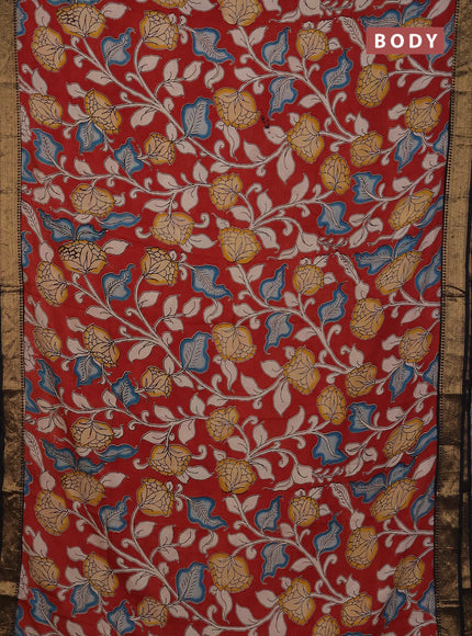 Kalamkari semi silk saree maroon and black with allover prints and mangalgiri border