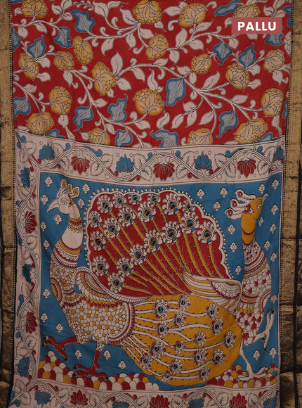 Kalamkari semi silk saree maroon and black with allover prints and mangalgiri border