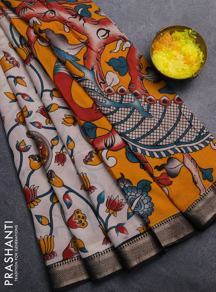 Kalamkari semi silk saree beige and black with allover prints and mangalgiri border