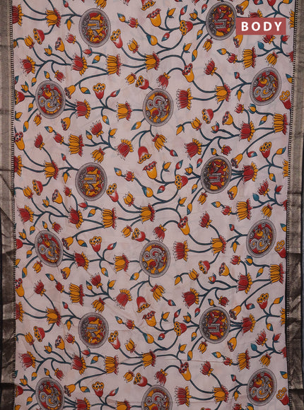 Kalamkari semi silk saree beige and black with allover prints and mangalgiri border
