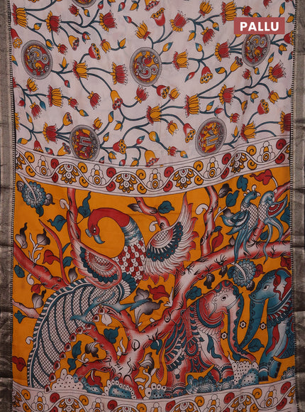 Kalamkari semi silk saree beige and black with allover prints and mangalgiri border