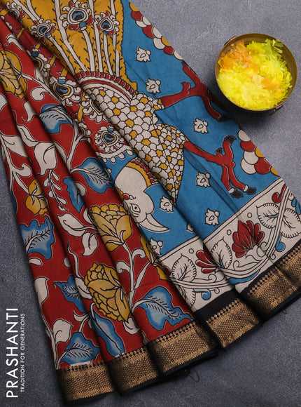 Kalamkari semi silk saree maroon and black with allover prints and mangalgiri border