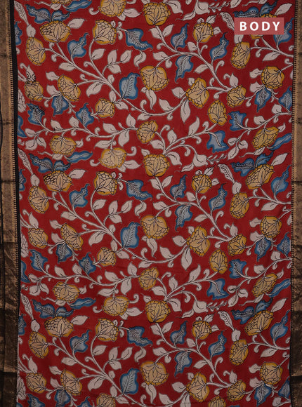 Kalamkari semi silk saree maroon and black with allover prints and mangalgiri border