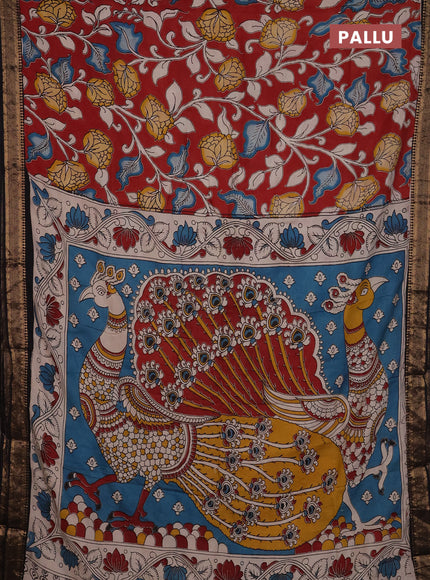 Kalamkari semi silk saree maroon and black with allover prints and mangalgiri border