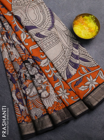 Kalamkari semi silk saree deep violet and black with allover prints and mangalgiri border