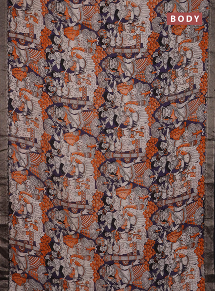 Kalamkari semi silk saree deep violet and black with allover prints and mangalgiri border