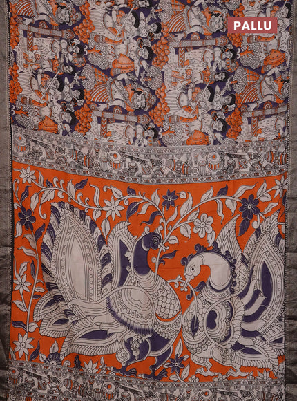 Kalamkari semi silk saree deep violet and black with allover prints and mangalgiri border