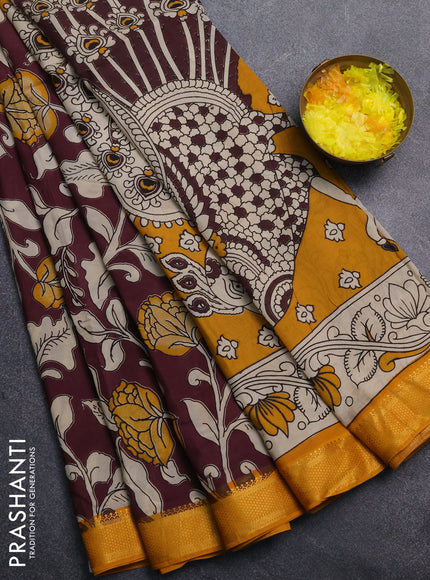 Kalamkari semi silk saree wine shade and mustard yellow with allover prints and mangalgiri border