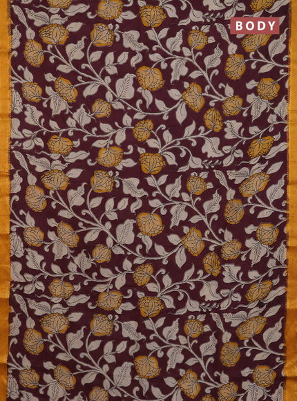 Kalamkari semi silk saree wine shade and mustard yellow with allover prints and mangalgiri border