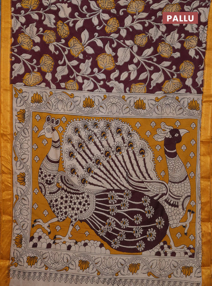 Kalamkari semi silk saree wine shade and mustard yellow with allover prints and mangalgiri border