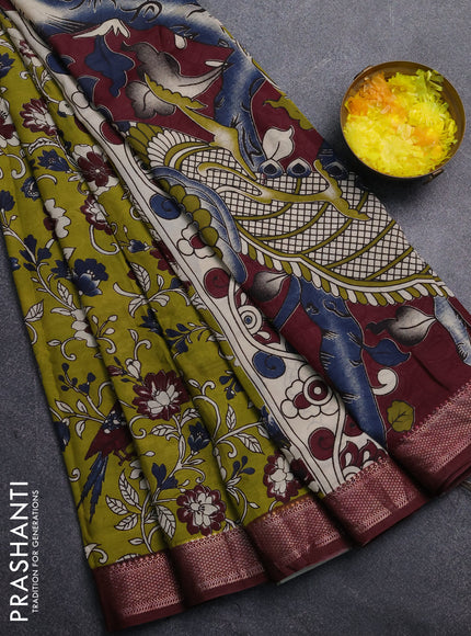 Kalamkari semi silk saree mehendi green and wine shade with allover prints and mangalgiri border
